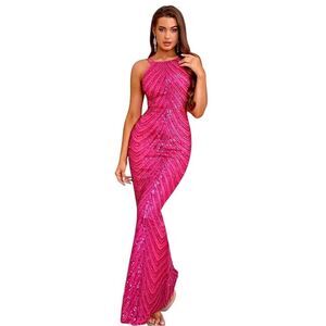 Sexy Hot Pink Sequin Mermaid Prom Evening Dress Sleeveless Halter L Party Barbie